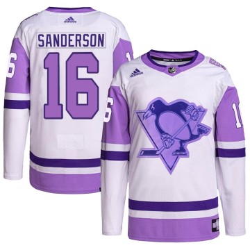 Authentic Adidas Men's Derek Sanderson Pittsburgh Penguins Hockey Fights Cancer Primegreen Jersey - White/Purple