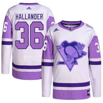 Authentic Adidas Men's Filip Hallander Pittsburgh Penguins Hockey Fights Cancer Primegreen Jersey - White/Purple