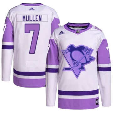 Authentic Adidas Men's Joe Mullen Pittsburgh Penguins Hockey Fights Cancer Primegreen Jersey - White/Purple