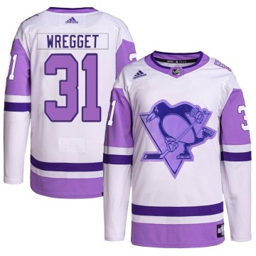 Authentic Adidas Men's Ken Wregget Pittsburgh Penguins Hockey Fights Cancer Primegreen Jersey - White/Purple
