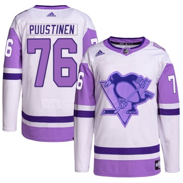 Authentic Adidas Men's Valtteri Puustinen Pittsburgh Penguins Hockey Fights Cancer Primegreen Jersey - White/Purple