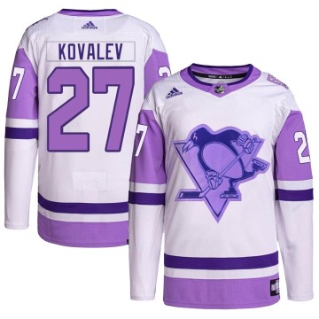 Authentic Adidas Youth Alex Kovalev Pittsburgh Penguins Hockey Fights Cancer Primegreen Jersey - White/Purple