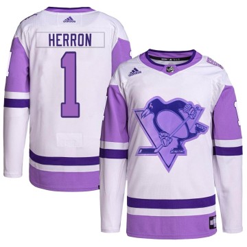 Authentic Adidas Youth Denis Herron Pittsburgh Penguins Hockey Fights Cancer Primegreen Jersey - White/Purple
