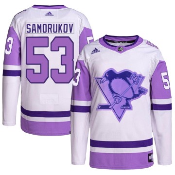 Authentic Adidas Youth Dmitri Samorukov Pittsburgh Penguins Hockey Fights Cancer Primegreen Jersey - White/Purple