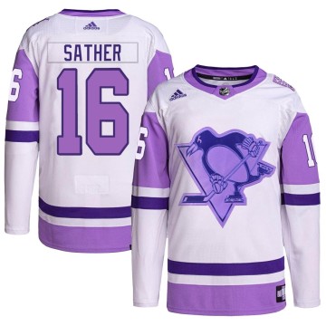 Authentic Adidas Youth Glen Sather Pittsburgh Penguins Hockey Fights Cancer Primegreen Jersey - White/Purple