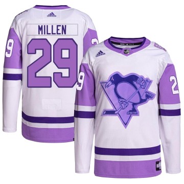 Authentic Adidas Youth Greg Millen Pittsburgh Penguins Hockey Fights Cancer Primegreen Jersey - White/Purple