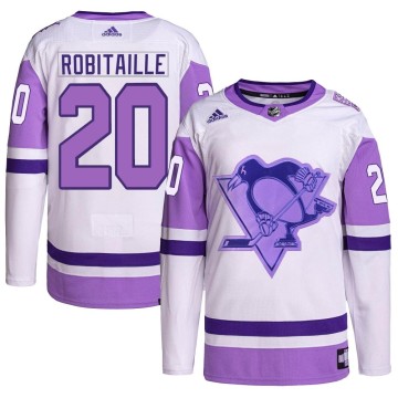 Authentic Adidas Youth Luc Robitaille Pittsburgh Penguins Hockey Fights Cancer Primegreen Jersey - White/Purple