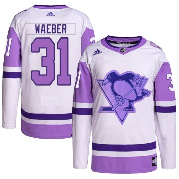 Authentic Adidas Youth Ludovic Waeber Pittsburgh Penguins Hockey Fights Cancer Primegreen Jersey - White/Purple