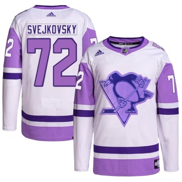 Authentic Adidas Youth Lukas Svejkovsky Pittsburgh Penguins Hockey Fights Cancer Primegreen Jersey - White/Purple