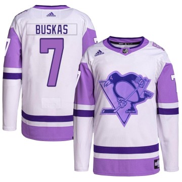 Authentic Adidas Youth Rod Buskas Pittsburgh Penguins Hockey Fights Cancer Primegreen Jersey - White/Purple