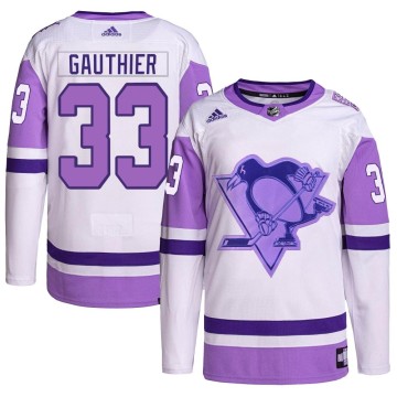 Authentic Adidas Youth Taylor Gauthier Pittsburgh Penguins Hockey Fights Cancer Primegreen Jersey - White/Purple